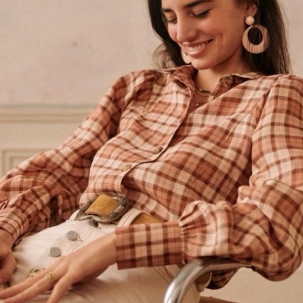 Sezane 100% Linen Bonny Shirt Pink Beige Plaid Size 34 French US 2 Button Front